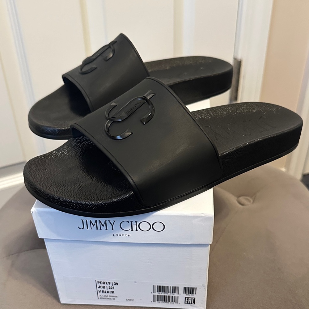 Jimmy Choo Port Black Logo Slides | Size 39 | With Box